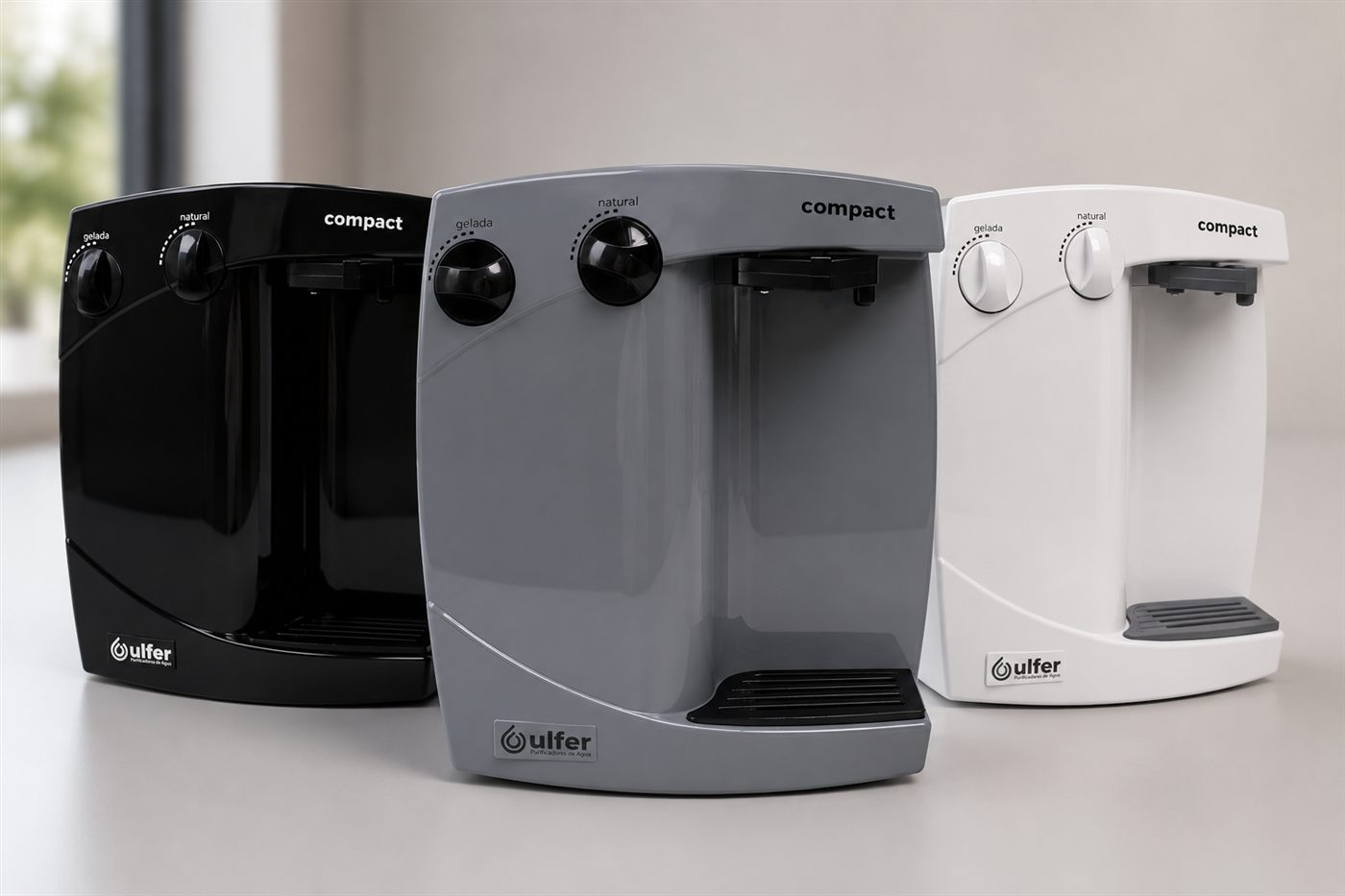 Purificadores Ulfer Compact nas cores preta, cinza e branca